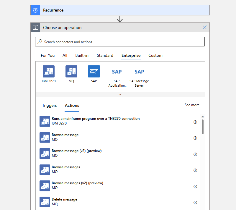 Screenshot: Azure-Portal, Workflow-Designer für Verbrauchslogik-App-Workflows mit dem Trigger „Wiederkehrend“ und dem Katalog für Enterprise Aktionen.