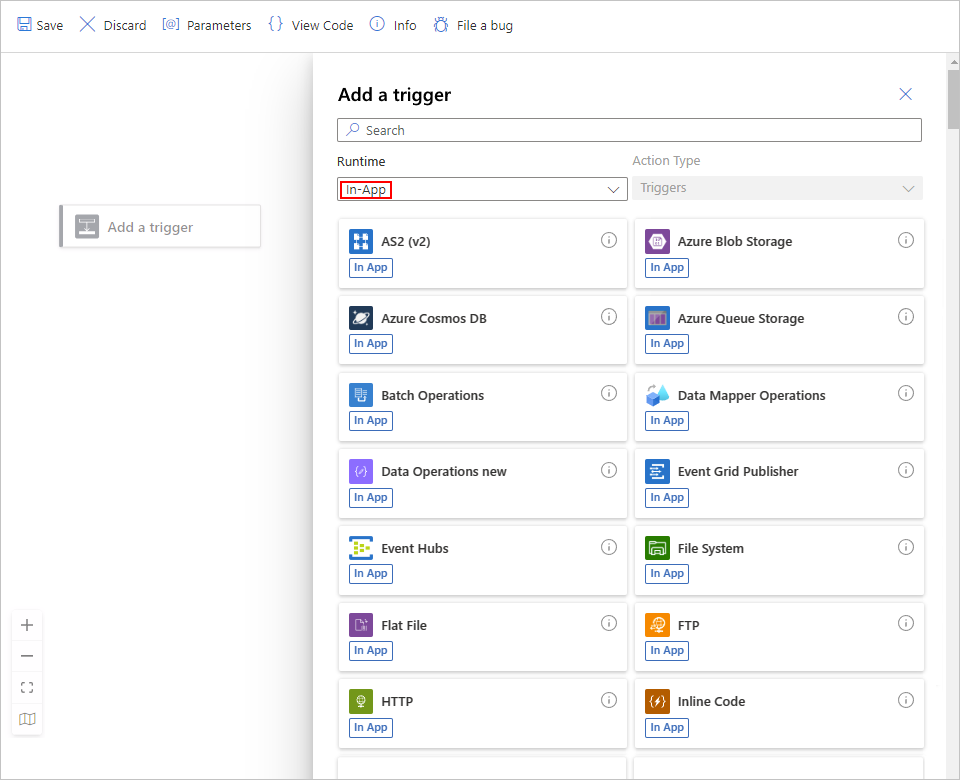 Screenshot des Azure-Portals, des Designers für Standard-Logik-Apps mit leerem Workflow und des Katalogs der Connectors mit Triggern aus der Gruppe „In-App“.