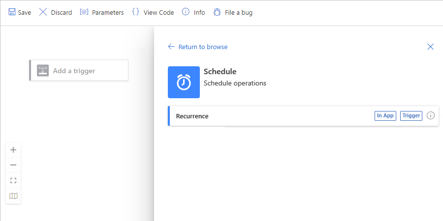 Screenshot des Azure-Portals, des Designers für Standard-Logik-Apps mit leerem zustandsbehaftetem Workflow und der Vorgangssammlung „Zeitplan“ mit dem Wiederholungstrigger (Recurrence).
