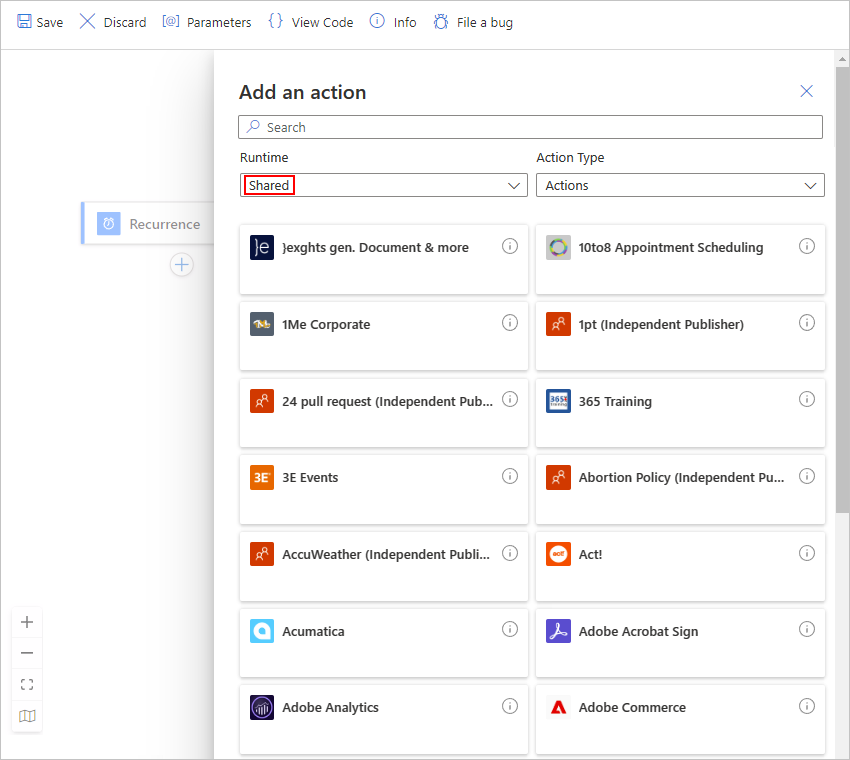 Screenshot des Azure-Portals, des Designers für Standard-Logik-App-Workflows mit einem Trigger und des Katalogs für Connectors mit Aktionen aus der Gruppe „Geteilt“.