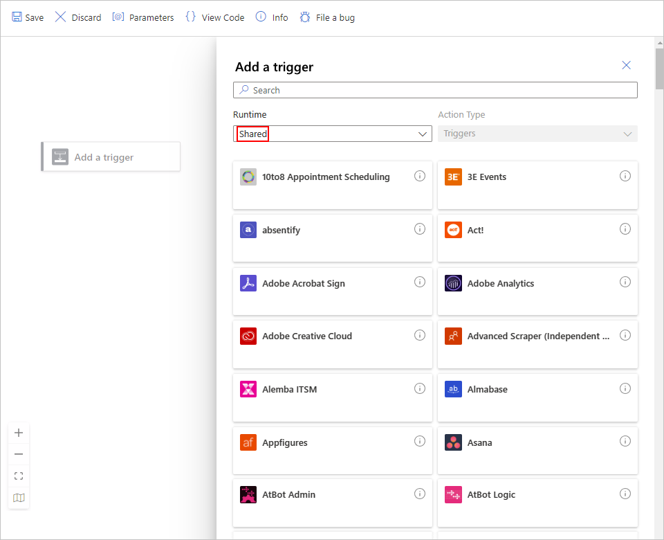 Screenshot des Azure-Portals, des Designers für Standard-Logik-Apps mit leerem Workflow und des Katalogs der Connectors mit Triggern aus der Gruppe „Geteilt“.