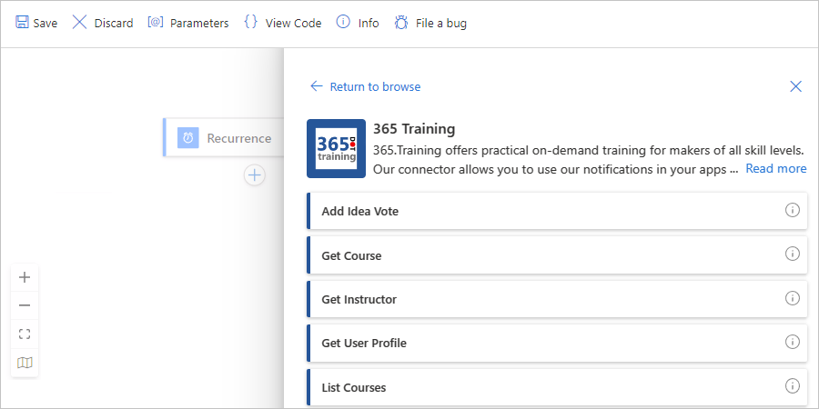 Screenshot des Azure-Portals, des Designers für zustandsbehafteten Standard-Logik-App-Workflow mit 365 Training-Connector und -Aktionen.