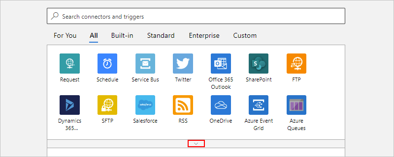 Screenshot: Azure-Portal, Workflow-Designer für Verbrauchsworkflows und ausgewählter Pfeil nach unten, um weitere Konnektoren mit Triggern anzuzeigen.