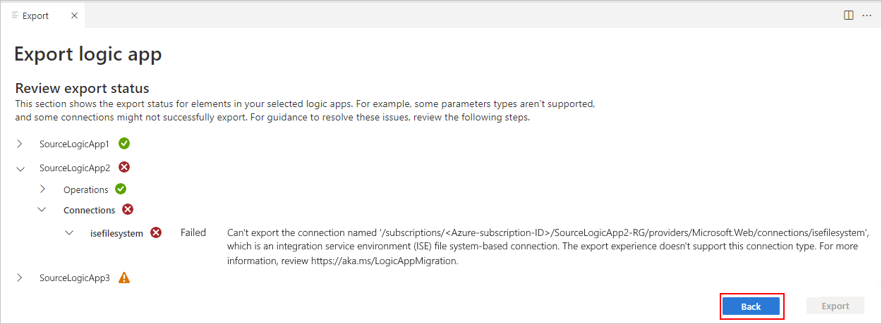 Screenshot des Abschnitts „Exportstatus überprüfen“ mit einem Validierungsstatus für einen Logik-App-Workflow mit einem Fehler.