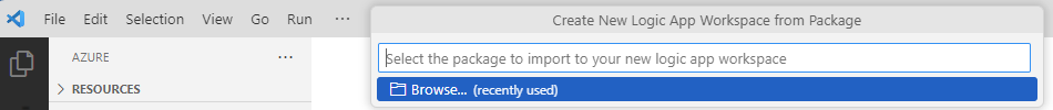 Screenshot: Visual Studio Code mit Aufforderung zur Auswahl des zuvor heruntergeladenen ZIP-Dateipakets