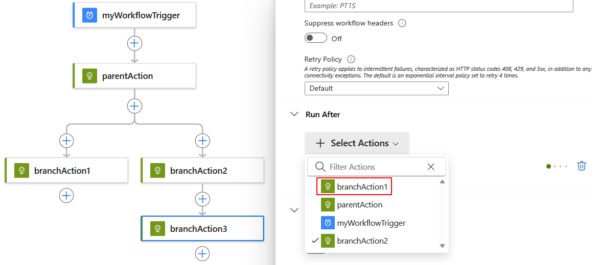 Screenshot shows Standard workflow, the action that joins preceding parallel branches, and selected actions to first finish running.