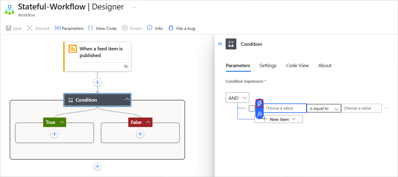 Screenshot: Azure-Portal, Designer für Standardworkflow, RSS-Trigger und Bedingungsaktion mit geöffnetem Informationsbereich und ausgewählter Schaltfläche für dynamische Inhalte