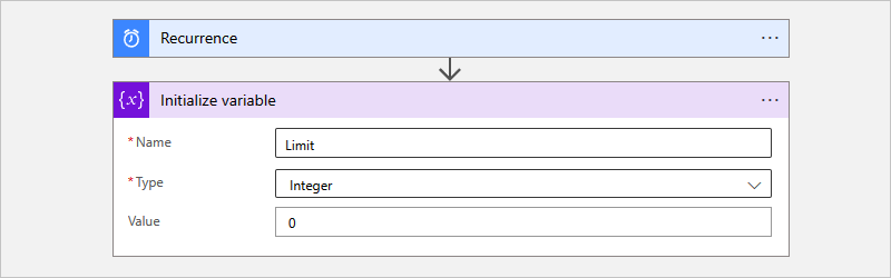 Screenshot des Azure-Portals mit Verbrauchsworkflow und Parametern der integrierten Aktion „Variable initialisieren“