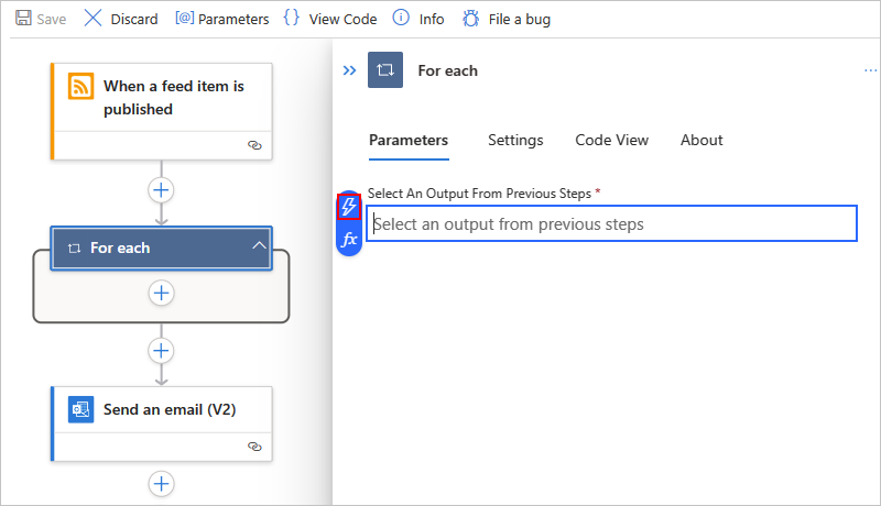 Screenshot des Azure-Portals, des Designers für den Workflow im Tarif „Standard“ und einer „For each“-Aktion mit ausgewähltem Blitzsymbol