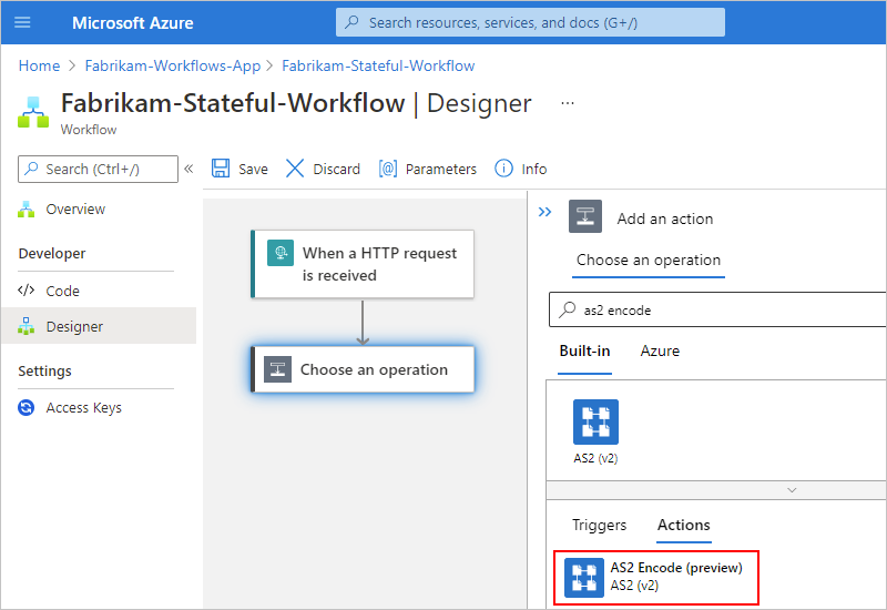 Screenshot des Designers im Azure-Portal für einen „Standard“-Workflow mit ausgewählter Aktion „AS2-Codierung“.