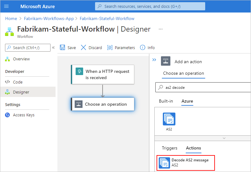 Screenshot des Designers für einen Standard-Workflow im Azure-Portal mit ausgewähltem Vorgang „AS2-Nachricht decodieren“.
