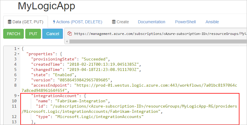 Screenshot der zeigt, wie Sie das Objekt „integrationAccount“ (Integrationskonto) suchen.