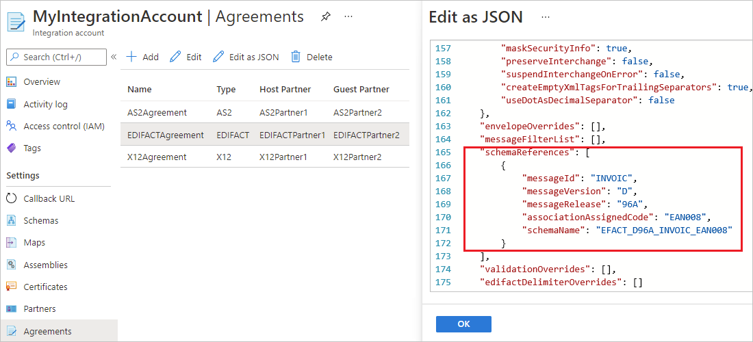 Screenshot, der das Azure-Portal mit dem Abschnitt „receiveAgreement“ einer EDIFACT-Vereinbarung im JSON-Editor zeigt, wobei der Abschnitt „schemaReferences“ hervorgehoben ist.