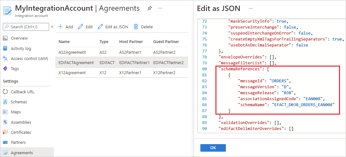 Screenshot, der das Azure-Portal mit dem Abschnitt „sendAgreement“ einer EDIFACT-Vereinbarung im JSON-Editor zeigt, wobei der Abschnitt „schemaReferences“ hervorgehoben ist.