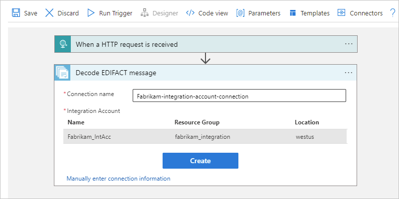 Screenshot des Verbindungsbereichs „EDIFACT-Nachricht decodieren“