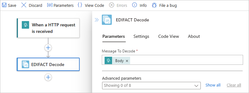 Screenshot shows Standard workflow, action named EDIFACT Decode, and message decoding properties.