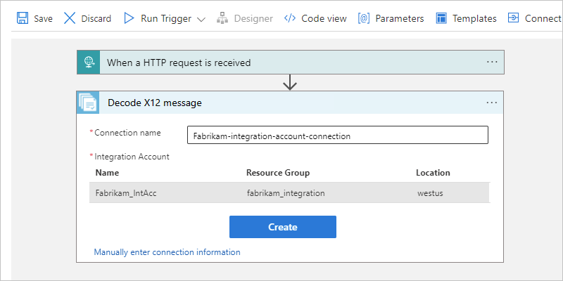 Screenshot showing Consumption workflow and connection information for action named Decode X12 message.