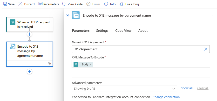 Screenshot showing Standard workflow, action named Encode to X12 message by agreement name, and action properties.