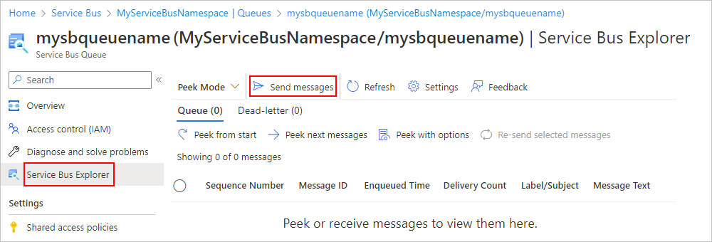 Screenshot einer Service Bus-Warteschlangenseite im Portal mit hervorgehobener Option „Nachrichten senden“. Im Navigationsmenü ist „Service Bus Explorer“ hervorgehoben.