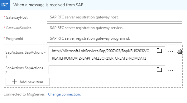 Screenshot: manuelles Eingeben der zu verwendenden SAP-Aktion