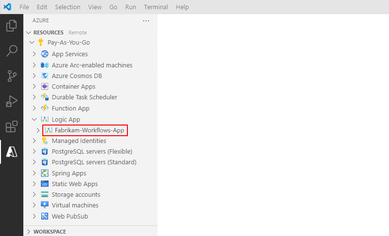 Der Screenshot zeigt Visual Studio Code mit dem Ressourcenabschnitt und der bereitgestellten Standard-Logik-App-Ressource.
