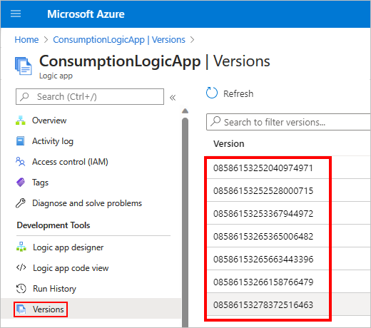 Screenshot shows Azure portal and Consumption logic app menu with Versions selected, and list of previous logic app versions.