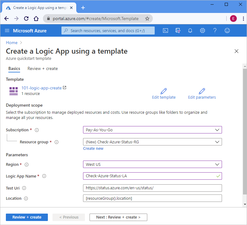 Screenshot des Azure-Portals mit Eigenschaften und Beispielwerten für „Logik-App mithilfe einer Vorlage erstellen“.