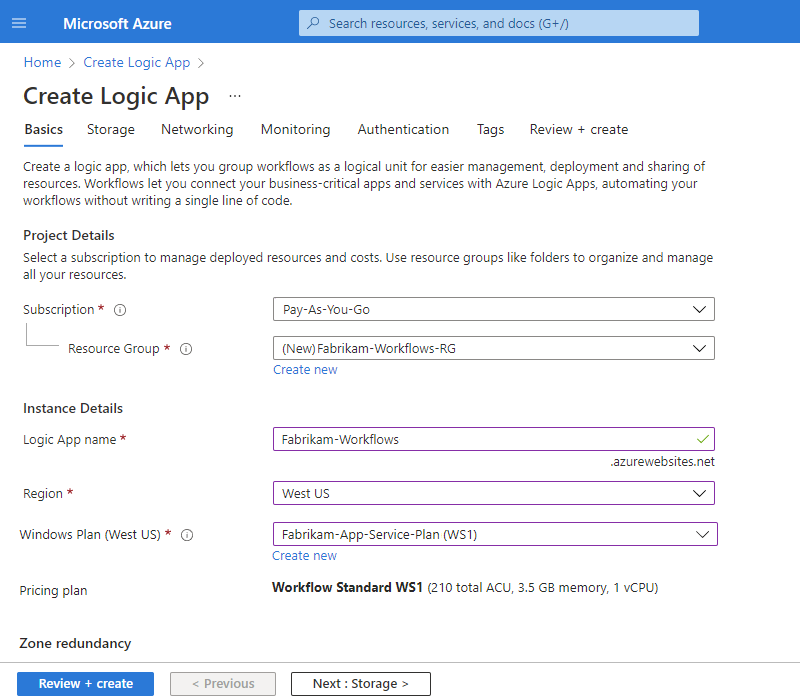 Screenshot, der das Azure-Portal und die Seite „Logik-App erstellen“ mit der Registerkarte „Grundlagen“ zeigt