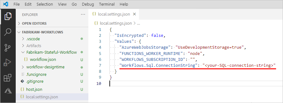 Screenshot, der Visual Studio Code, das Logik-App-Projekt und das Öffnen der Datei „local.settings.json“ mit der Einstellung der SQL-Verbindungszeichenfolgen zeigt