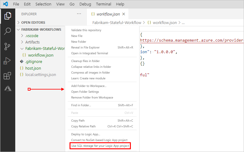 Screenshot: Visual Studio Code, Explorer-Bereich und Mauszeiger am Projektstamm im leeren Bereich, geöffnetes Kontextmenü und ausgewählte Option „Use SQL storage for your Logic App project“ (SQL-Speicher für Ihr Logik-App-Projekt verwenden)
