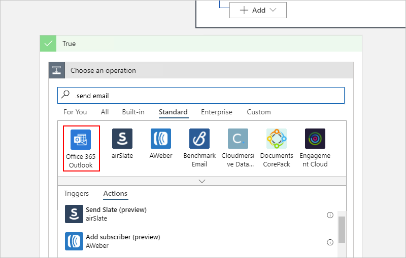 Screenshot: Liste „Vorgang auswählen“ mit ausgewählter Kategorie „Standard“ und ausgewähltem Connector „Office 365 Outlook“