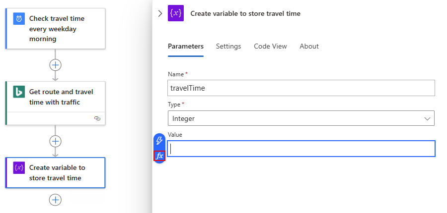 Screenshot der Aktion mit dem Namen „Variable initialisieren“ mit dem Cursor innerhalb der Value-Eigenschaft.