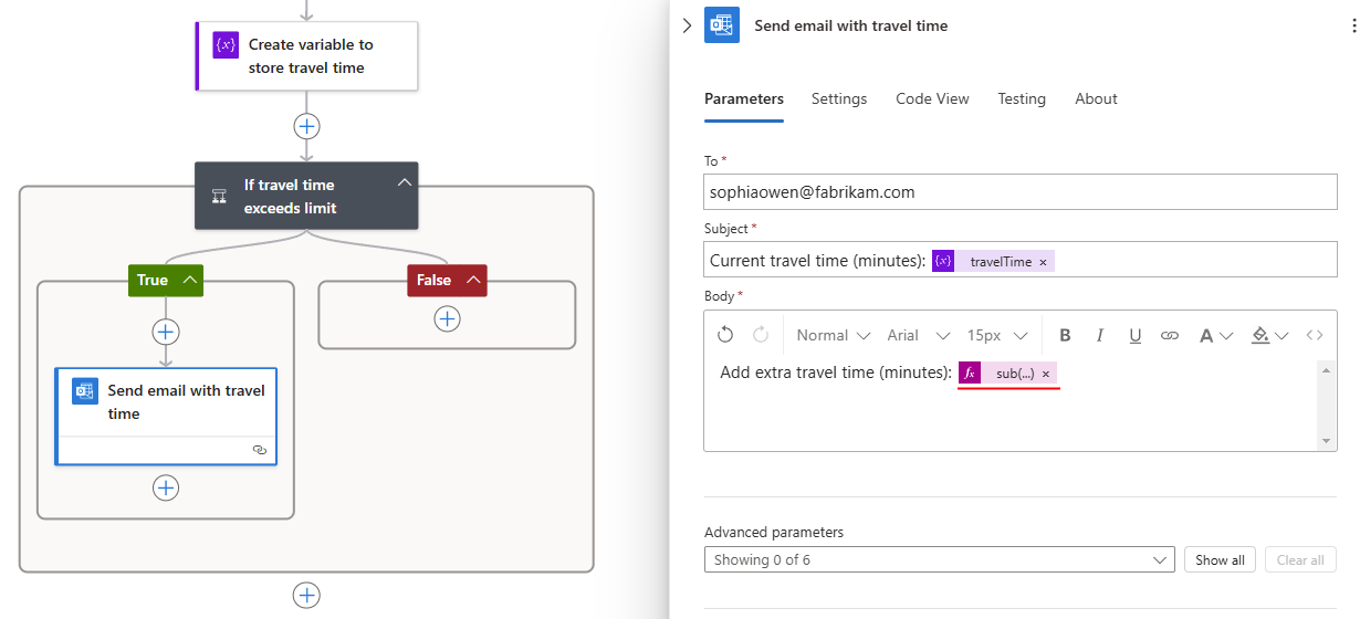 Screenshot des aufgelösten Ausdrucks in der Body-Eigenschaft der E-Mail-Aktion.