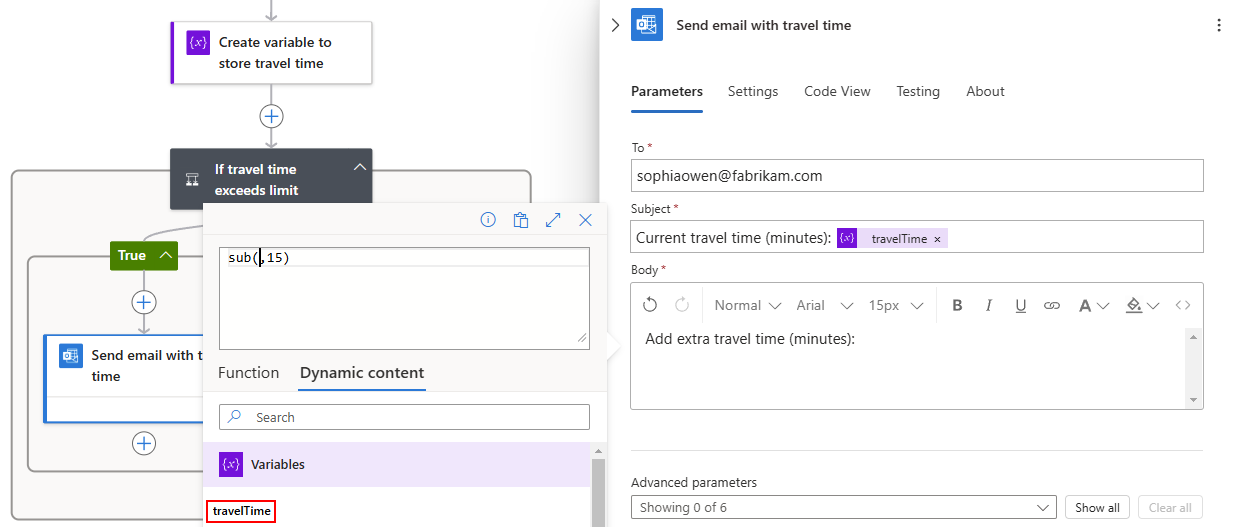 Screenshot der dynamischen Inhaltsliste mit ausgewählter travelTime-Variable.