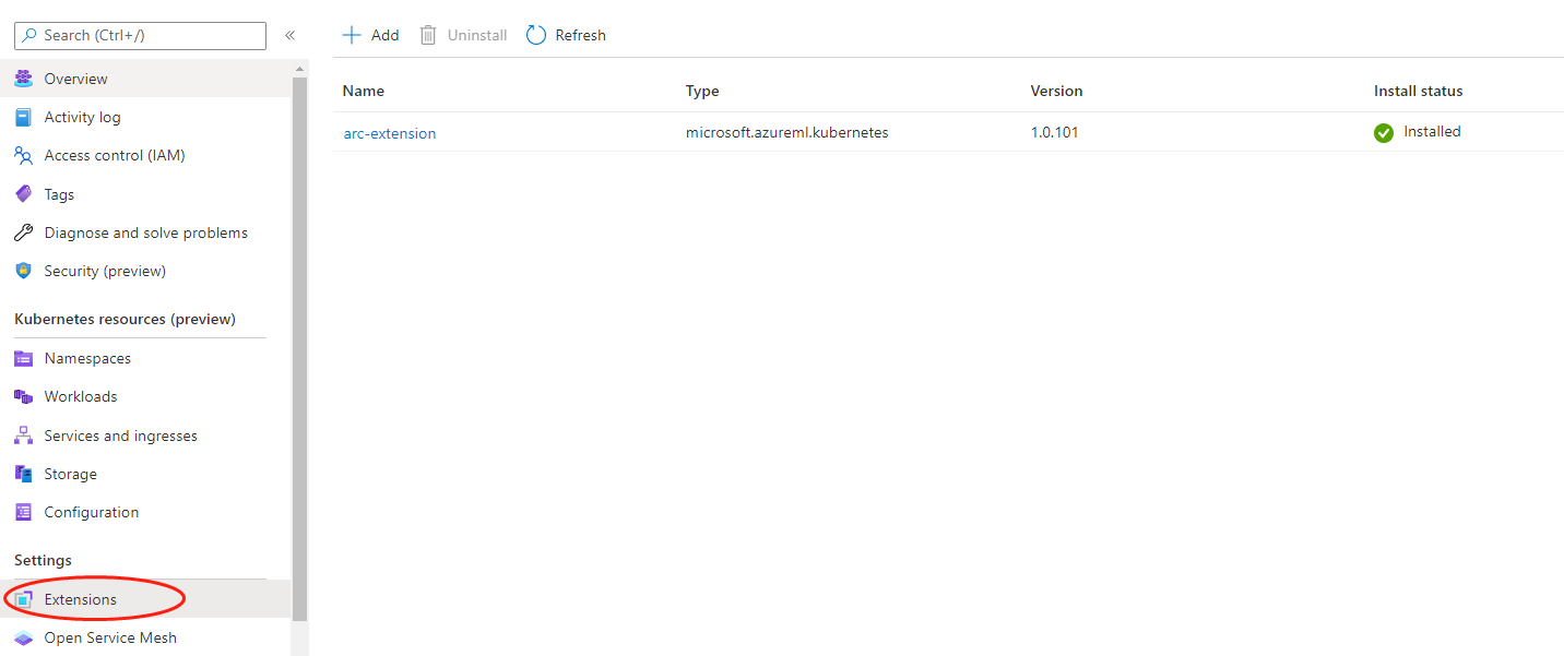 Screenshot: Eintrag der installierten Azure Machine Learning-Erweiterungen im Azure-Portal