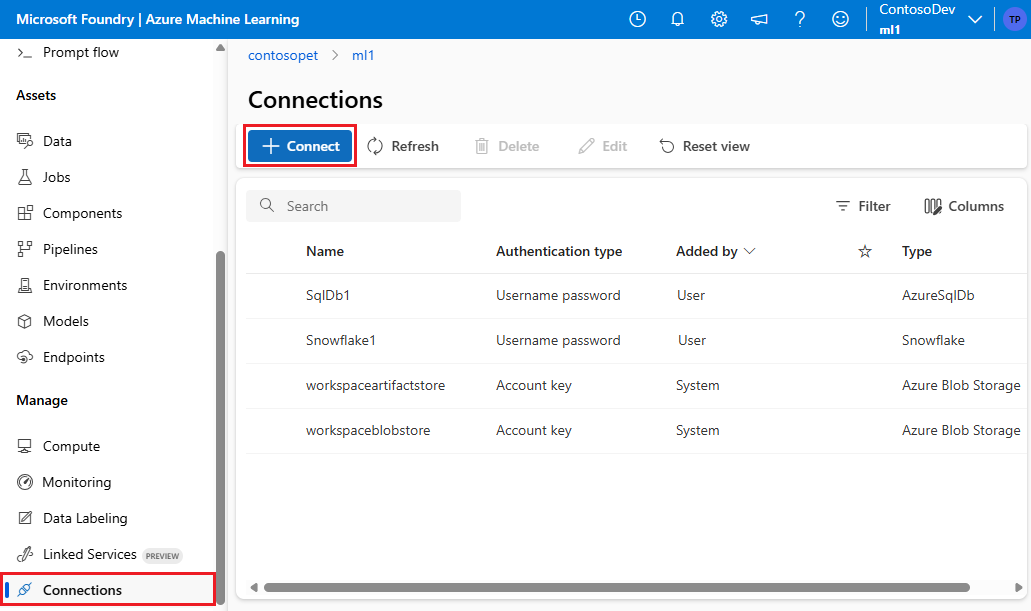 Screenshot: Beginn der Erstellung einer neuen Verbindung in Azure Machine Learning Studio-Benutzeroberfläche.