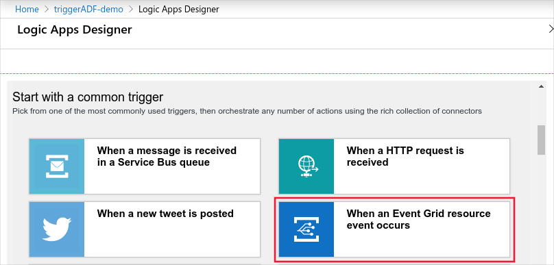 Screenshot: Designer für Logik-Apps mit Optionen für „Starten Sie mit einem gängigen Trigger“ einschließlich „Bei Auftreten eines Event Grid-Ressourcenereignisses“