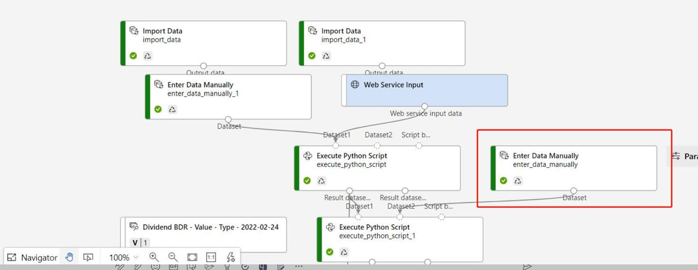 Screenshot, der zeigt, wie Sie die Rückschlusspipeline ändern, die die Komponente „Daten manuell eingeben“ enthält.