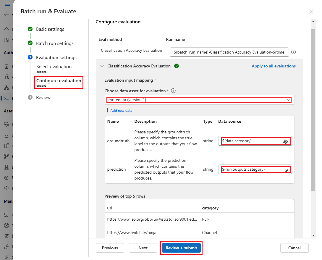 Screenshot der Zuordnung von Auswertungseingaben