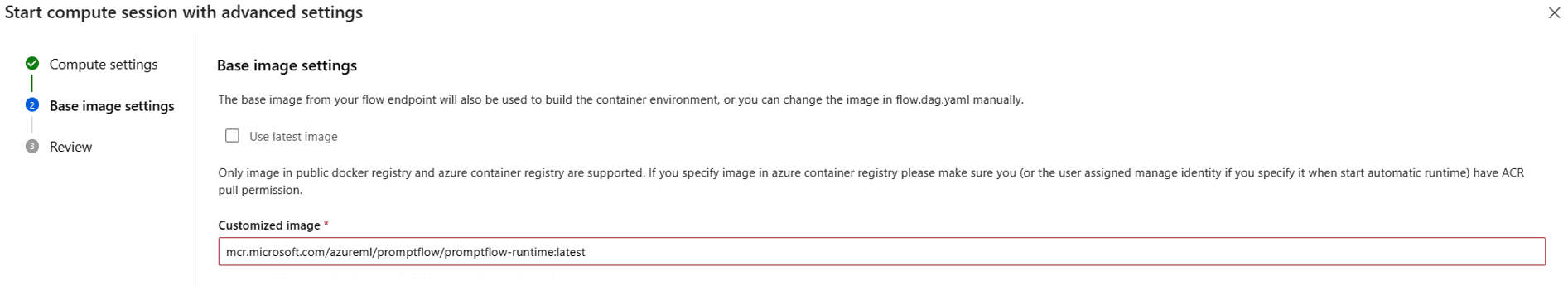 Screenshot: Ändern des Basisimages einer Computesitzung auf einer Flowseite