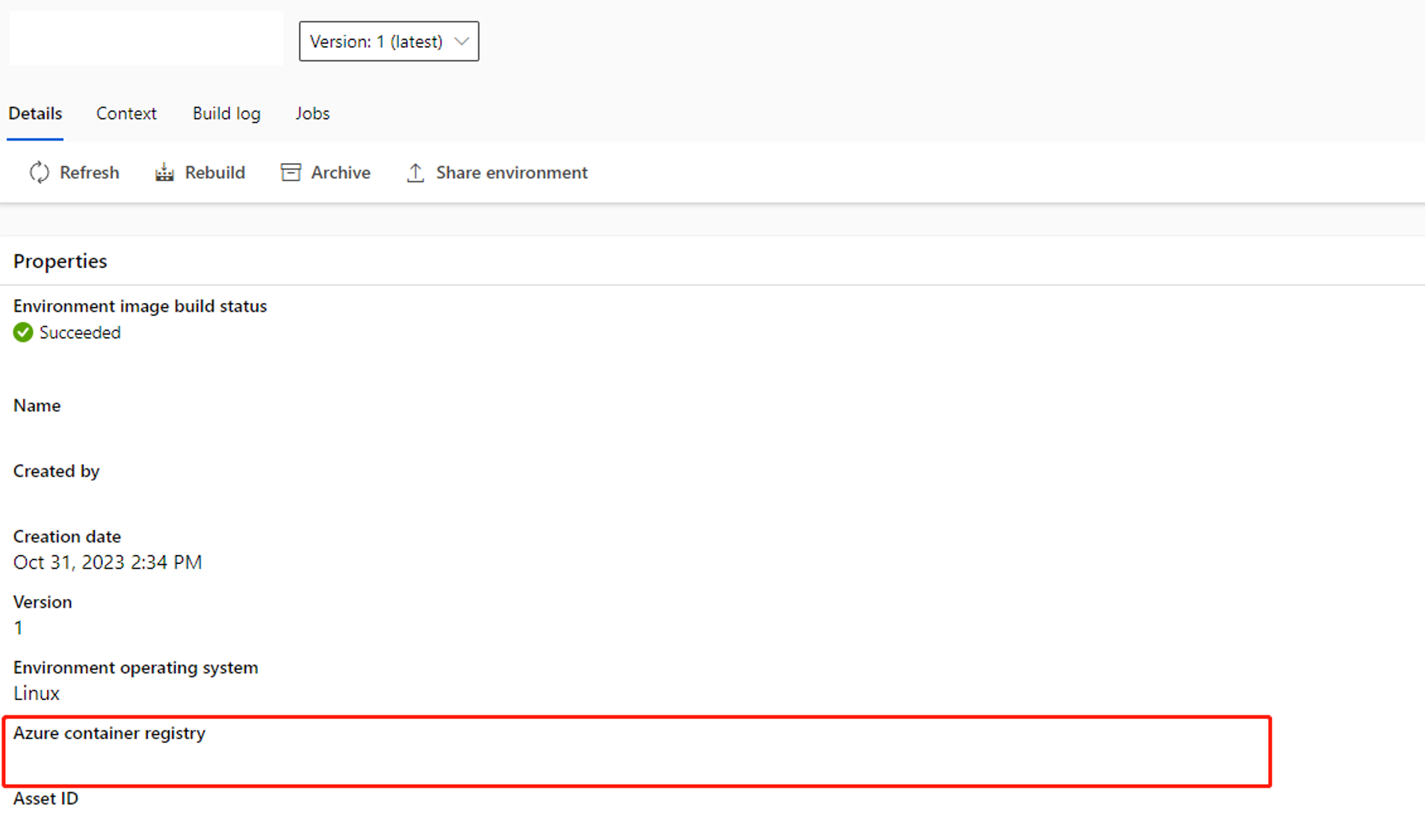 Screenshot der Suche nach dem Image auf der Detailseite der Umgebung.