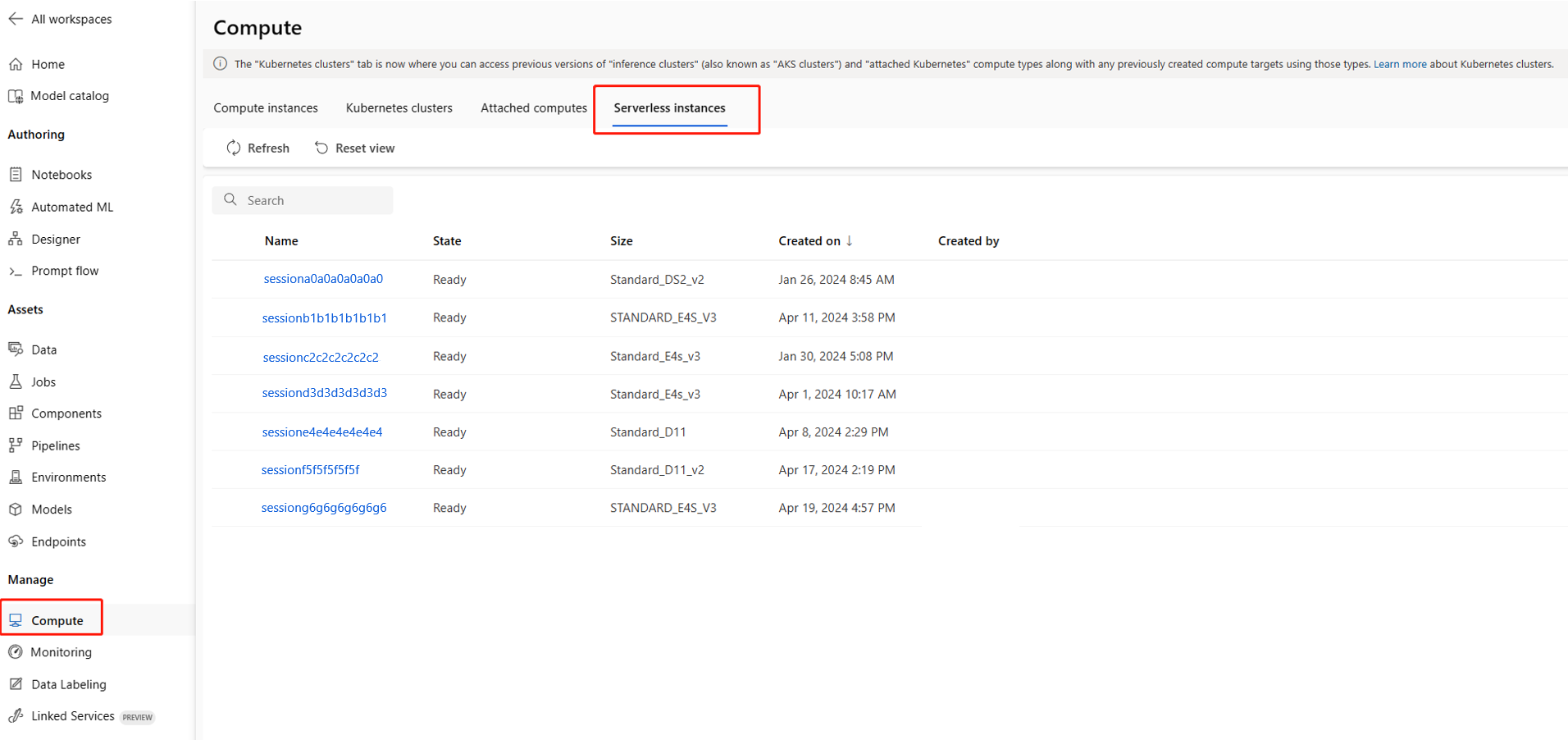 Screenshot: Liste mit der serverlosen Instanz