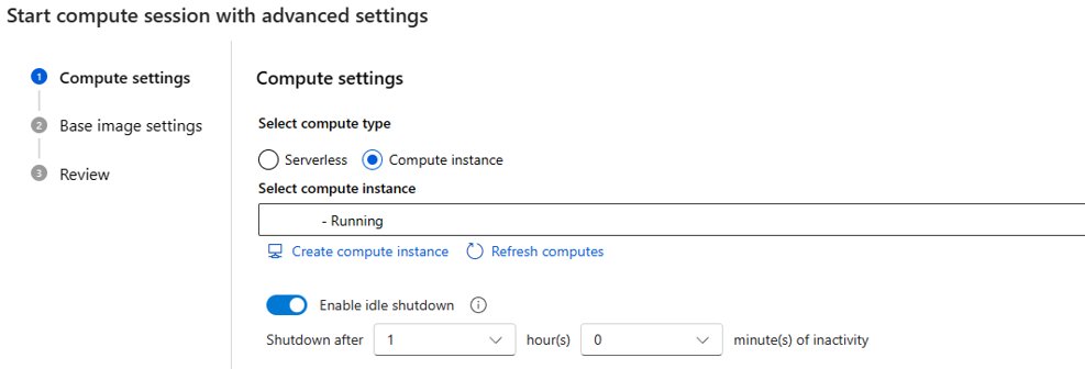 Screenshot: Promptflow mit erweiterten Einstellungen unter Verwendung einer Compute-Instanz zum Starten einer Computesitzung auf einer Flowseite