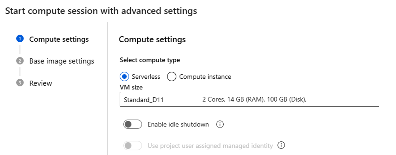 Screenshot: Promptflow mit erweiterten Einstellungen unter Verwendung von serverlosem Computing zum Starten einer Computesitzung auf einer Flowseite