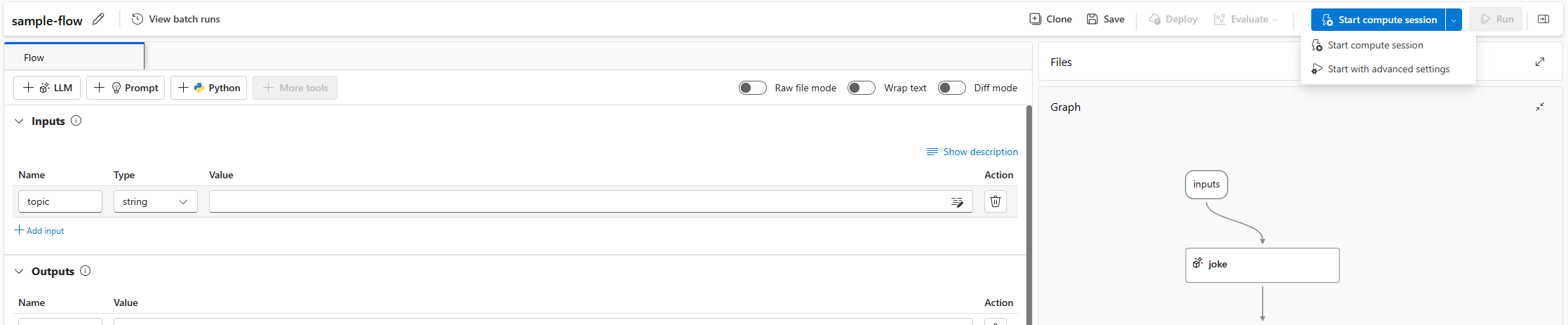Screenshot: Promptflow mit Standardeinstellungen zum Starten einer Computesitzung auf einer Flowseite
