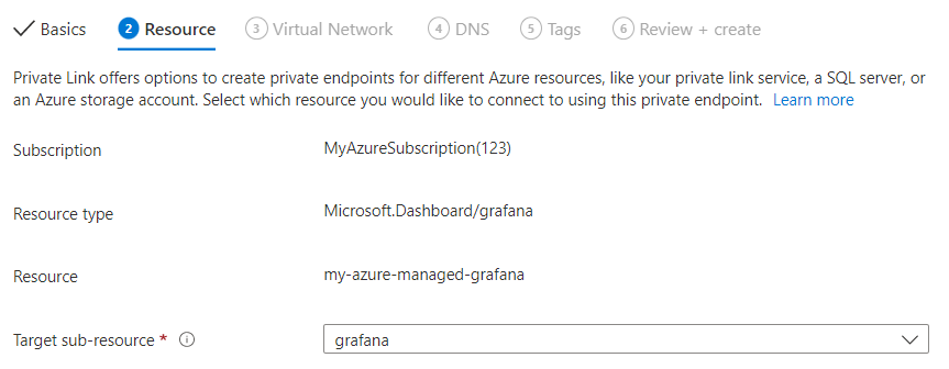 Screenshot des Azure-Portal, Ausfüllen der Registerkarte „Ressource“.