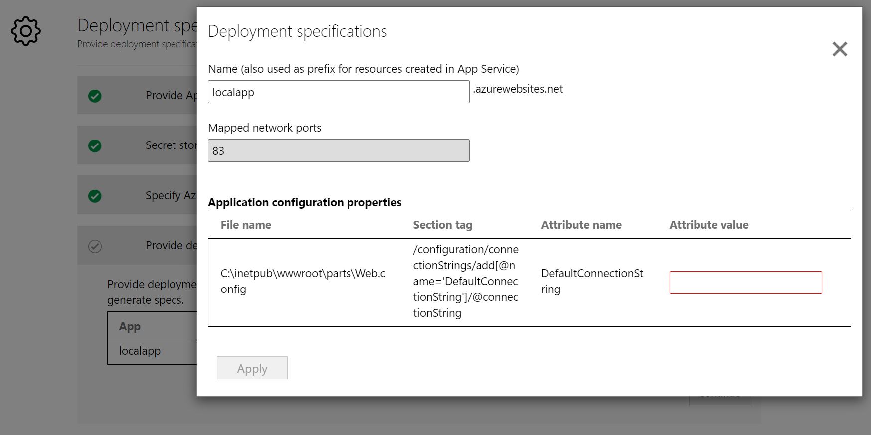 Screenshot der Bereitstellungskonfiguration.
