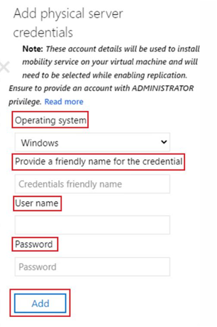 Screenshot zeigt, wie physische Serveranmeldeinformationen hinzugefügt