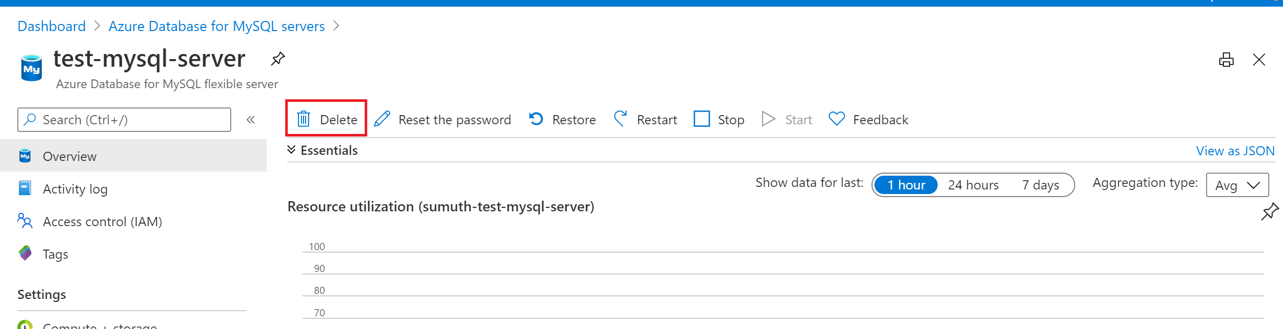 Screenshot des Löschens der Instanz von Azure Database for MySQL – flexibler Server.