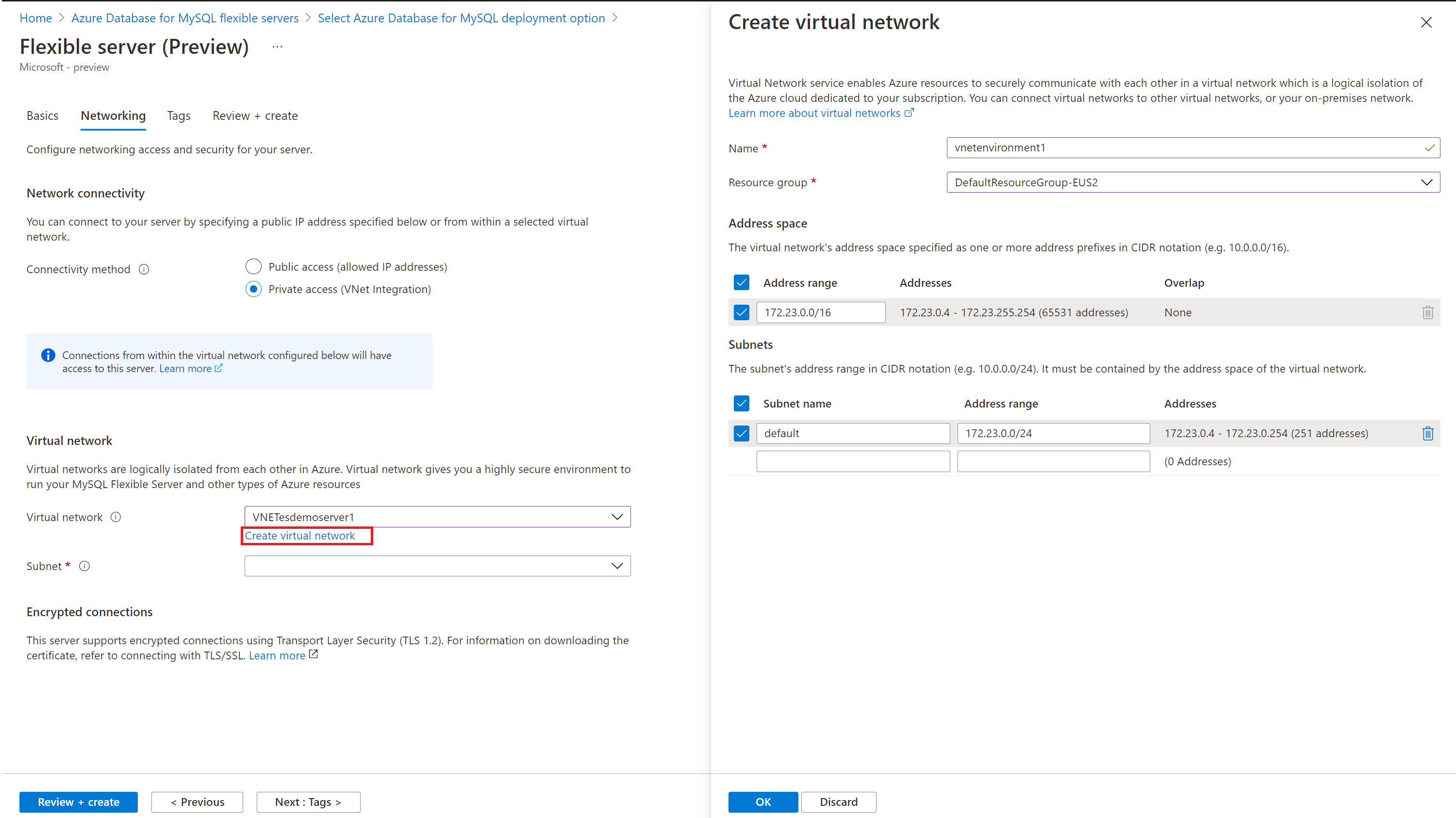 Screenshot der Registerkarte „Netzwerkbetrieb“ mit dem neuen VNet